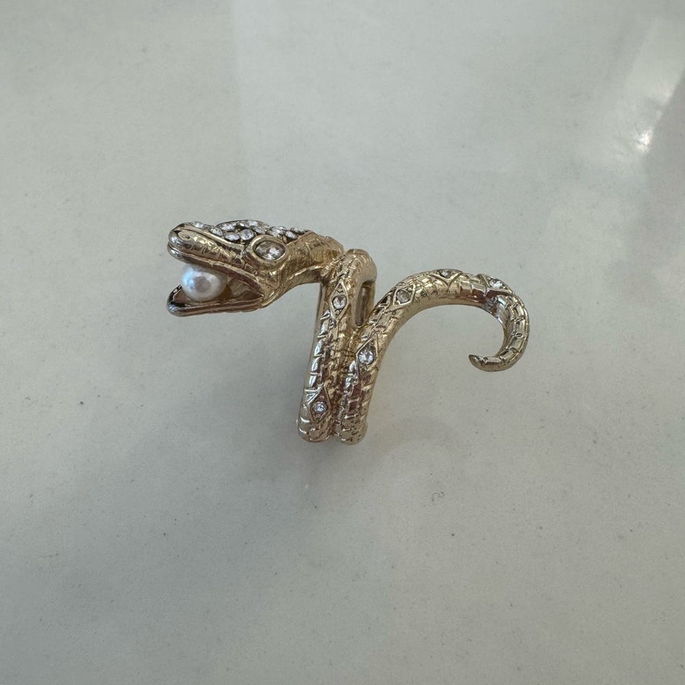 Gold Snake Ring with Pearl and Crystal Accents
